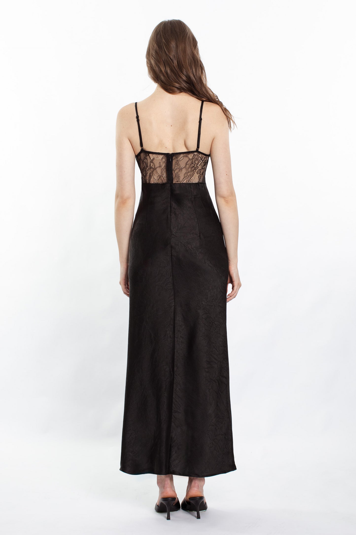 Maisie Satin Lace Midi Dress - Black