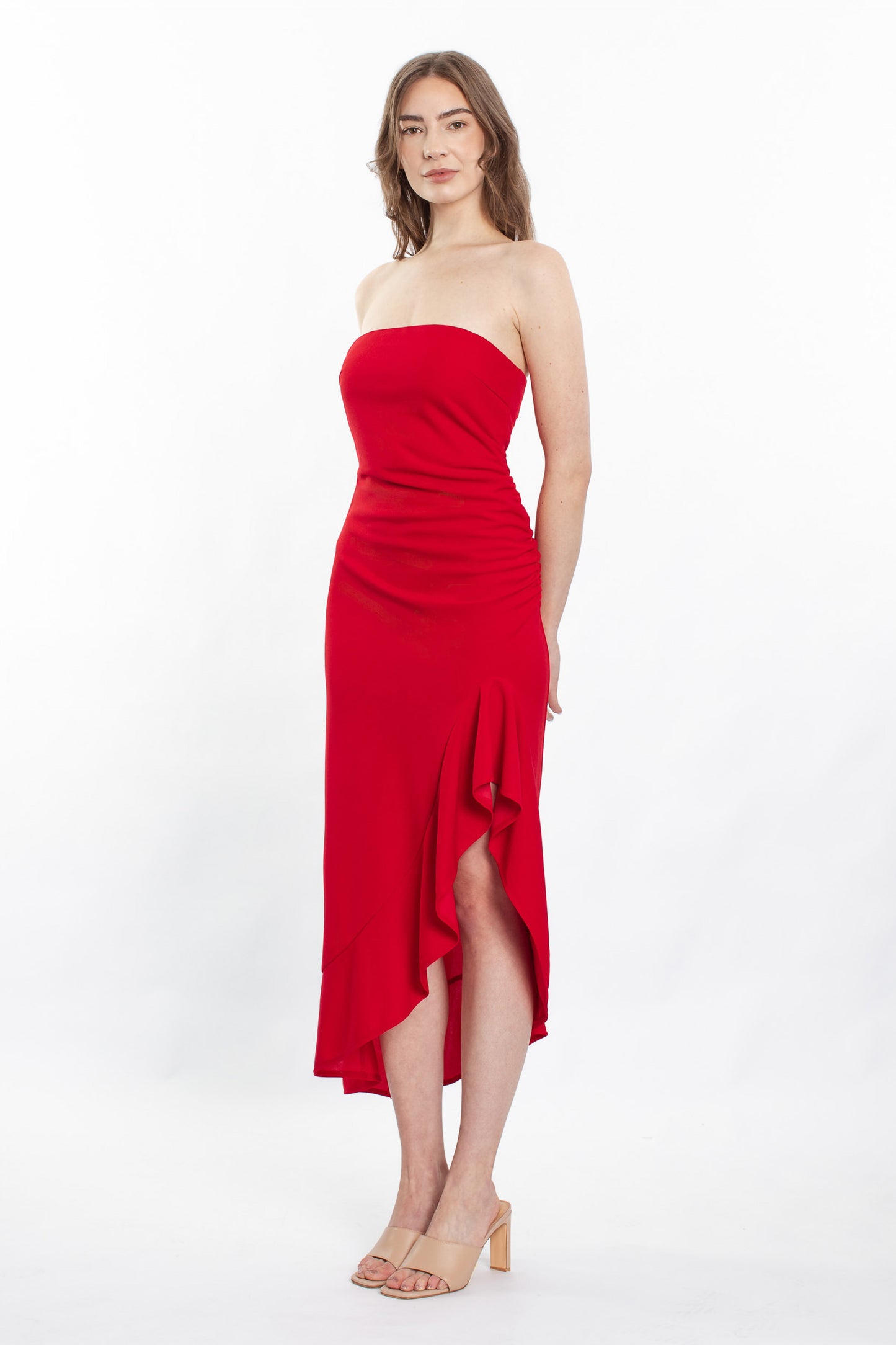 Maeve Bodycon Ruffle Hem Dress - Red