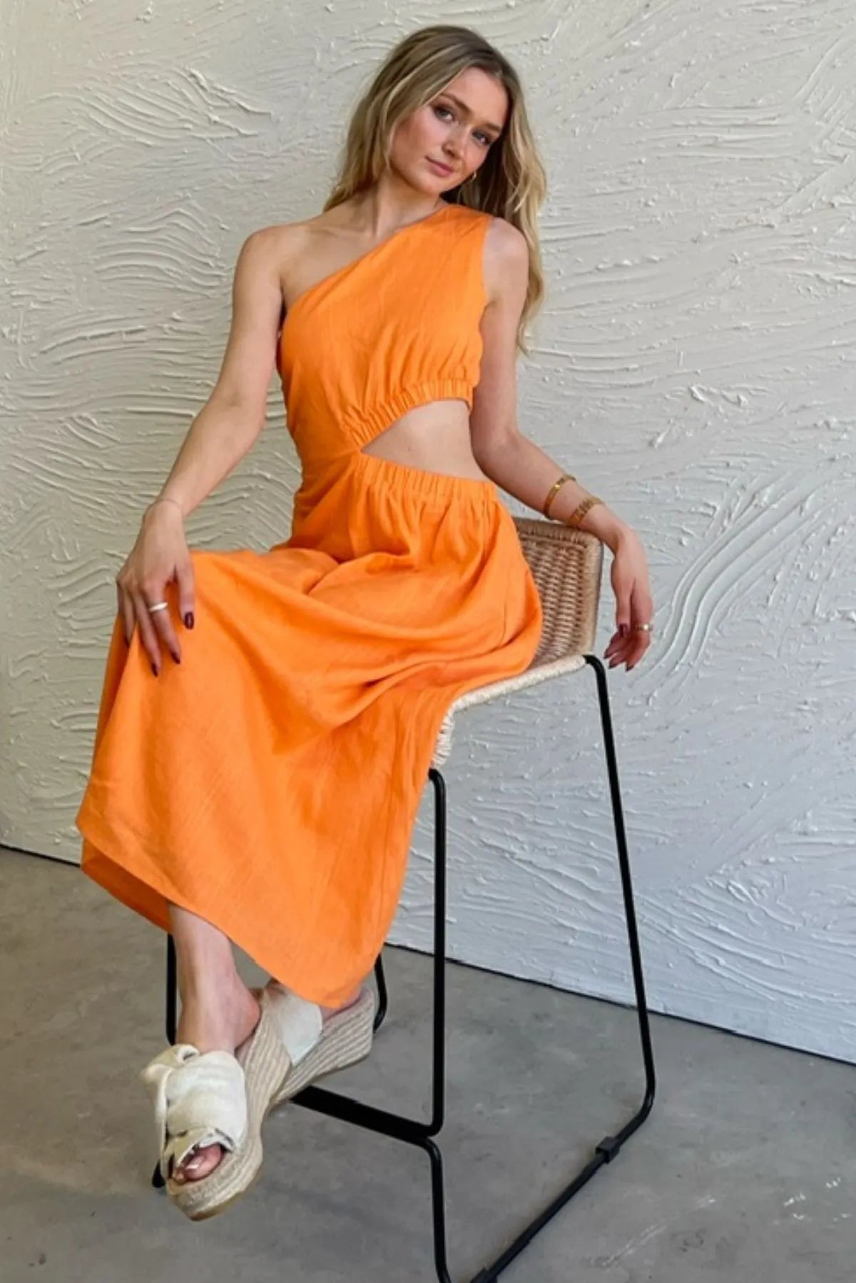 Joanne Waist Cutout One Shoulder Dress - Orange