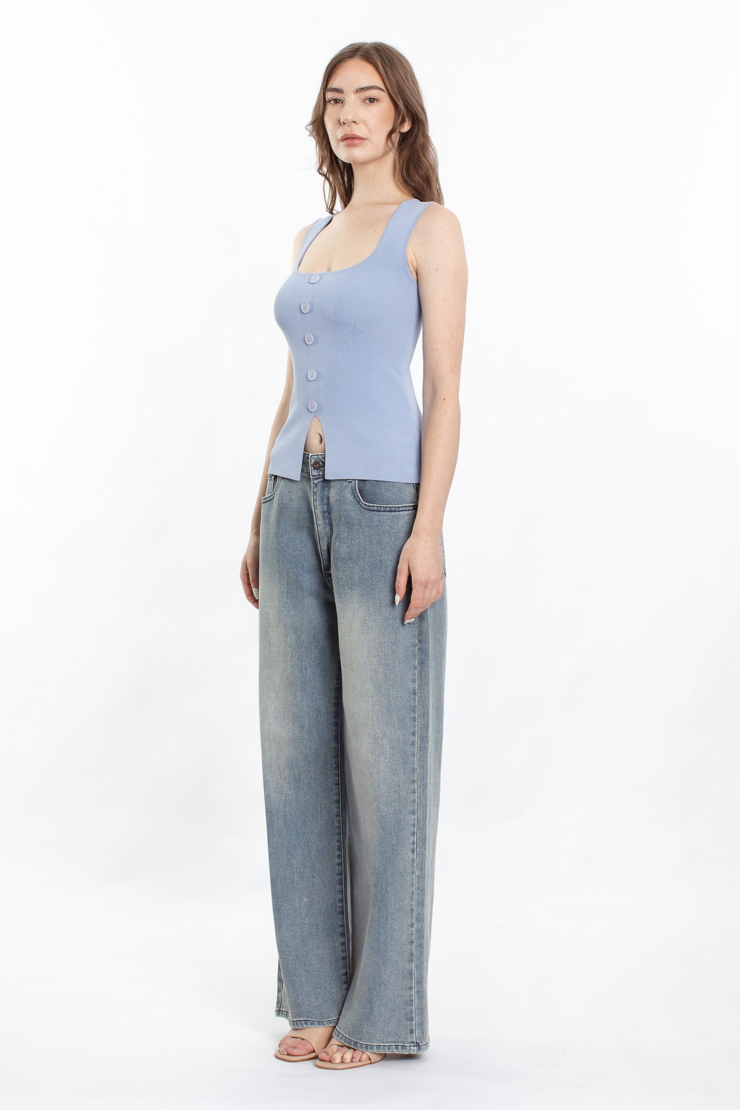 Skylar Knit Button Front Top - Chambray
