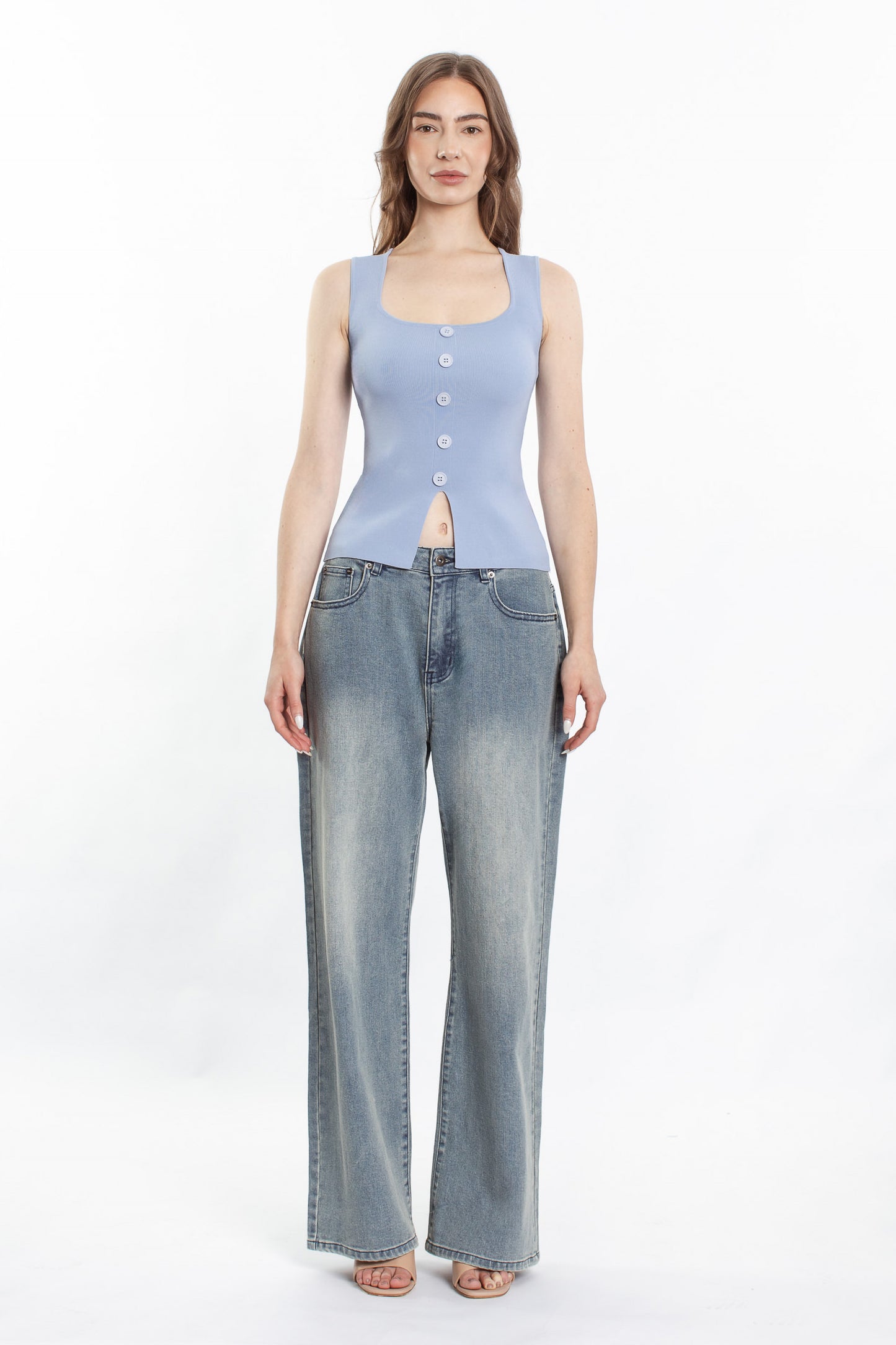 Skylar Knit Button Front Top - Chambray