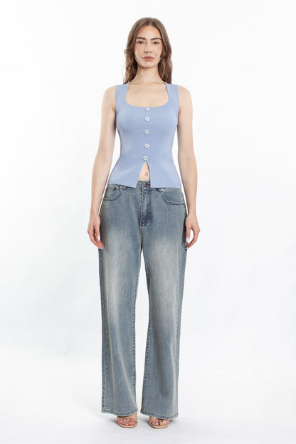 Skylar Knit Button Front Top - Chambray