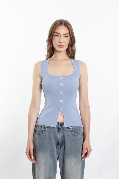 Skylar Knit Button Front Top - Chambray