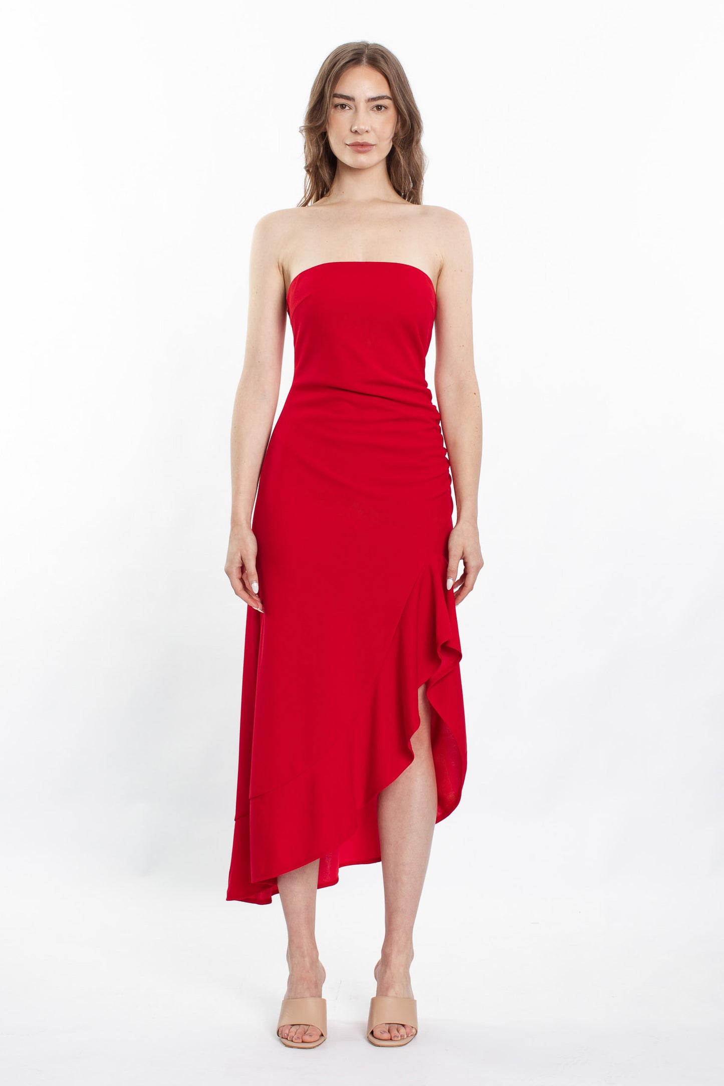 Maeve Bodycon Ruffle Hem Dress - Red