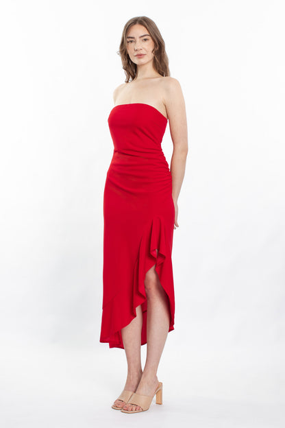 Maeve Bodycon Ruffle Hem Dress - Red